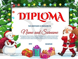 Diploma or certificate with Christmas gifts, Santa - vector EPS clipart