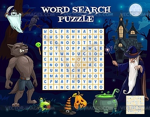 Halloween word search game worksheet to find word - vector image