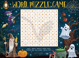 Halloween word puzzle worksheet, cartoon witches - vector clip art