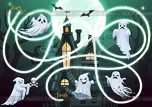 Kids maze game with Halloween ghosts characters - vector image