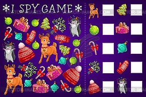 I spy game, education puzzle with Christmas gifts - vector image