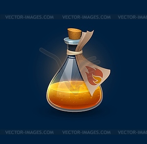 Witchcraft glass potion bottle with fire elixir - vector image