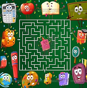 Labyrinth maze with school characters, kids riddle - vector clipart