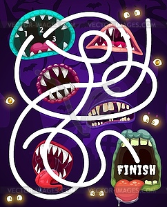 Kids maze game with monster mouths, labyrinth - vector clipart