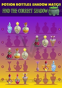 Kids game shadow match with magic potion bottles - vector image