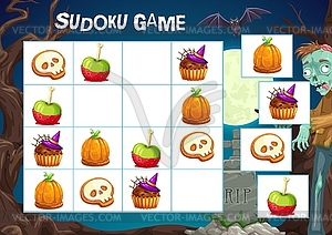 Child sudoku puzzle game with halloween treats - vector image