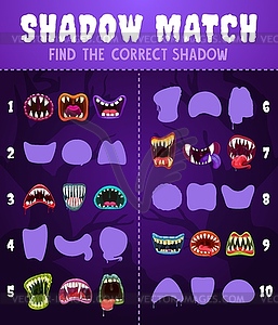 Kids game shadow match with monster mouths, riddle - vector image