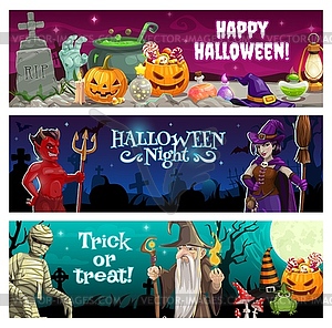 Halloween night banners with treats and monsters - vector clipart