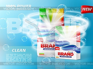 Washing powder packaging banner with soap bubbles - vector clipart