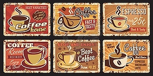 Coffee house hot drinks rusty metal plates - vector image