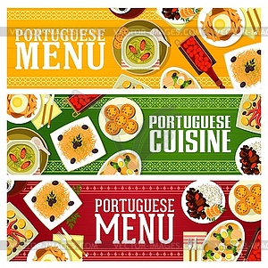 Portuguese cuisine food banners with meat, veggies - vector clipart