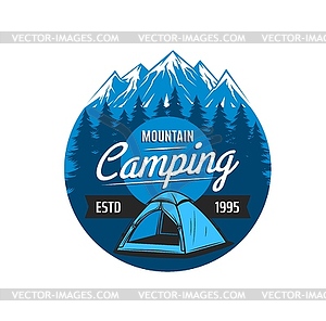 Mountain camping icon, emblem, round label - vector clip art