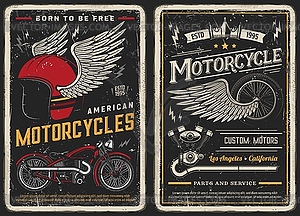Bike and motorcycle vintage posters. Custom motors - vector image