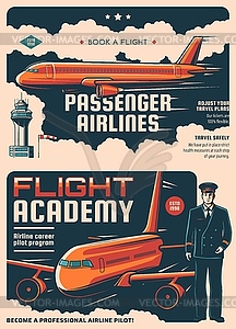 Passengers airlines, flight academy retro posters - vector EPS clipart