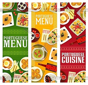 Баннеры меню португальской кухни, еда Португалии - изображение в векторном формате