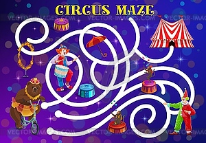 Circus labyrinth maze game with clown and bear - vector clipart