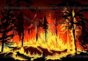 Forest fire, wildfire disaster with burning trees - vector clip art