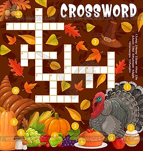 Thanksgiving turkey, cornucopia crossword puzzle - vector clipart