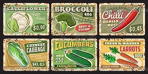 Vegetables rusty metal plates, price tags - vector clipart