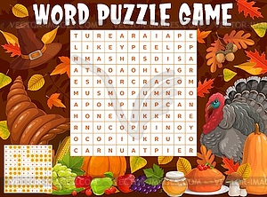 Thanksgiving turkey and harvest word search puzzle - vector clip art