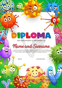 Diploma certificate, cartoon funny microbes, virus - vector image