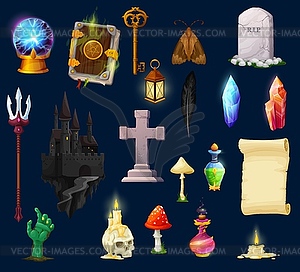 Halloween game assets, UI characters and icons - vector clipart