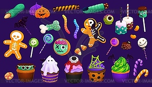 Cartoon Halloween sweets, cupcakes and lollipops - vector clipart