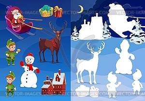 Kids Christmas shadow match game, holiday riddle - vector clip art