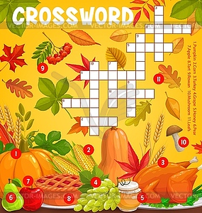 Thanksgiving meals, autumn harvest crossword grid - vector clipart