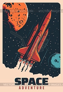 Space rocket, flight between planets in galaxy - vector clipart