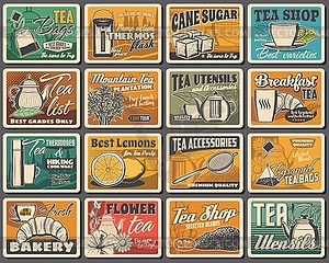 Tea bags, accessories and bakery shop retro poster - vector clip art