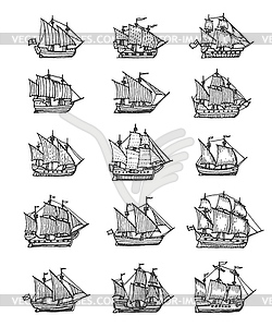 Sail ship, sailboat and brigantine vintage sketch - vector clipart