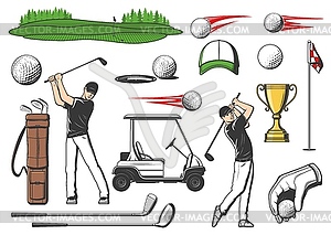 Golfer and golf club sport items, equipment icons - vector image