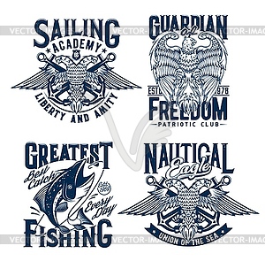Tshirt prints with tuna fish, eagle and anchor set - vector clip art