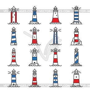 Lighthouse and beacon building outline icons - vector clip art