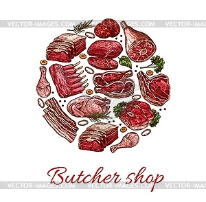 Pork, beef, lamb and chicken meat sketch - vector image