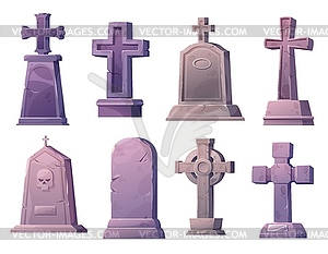 Cartoon stone grave crosses and gravestones - vector image