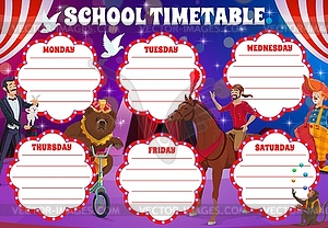 School timetable with circus stage, clowns - vector EPS clipart