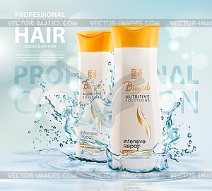 Hair shampoo or lotion in transparent water splash - vector image