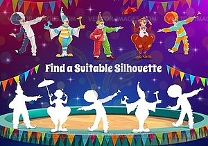 Find circus clown silhouette, kids game riddle - vector clipart