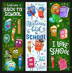 Back to school banners with books and stationery - vector image