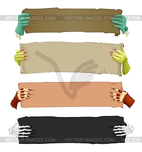 Cartoon scary monster hands with banners scrolls - vector image