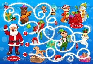 Christmas labyrinth maze with fairytale characters - vector image