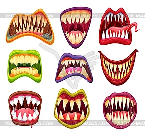 Monster mouth with teeth, cartoon jaws and tongues - vector EPS clipart