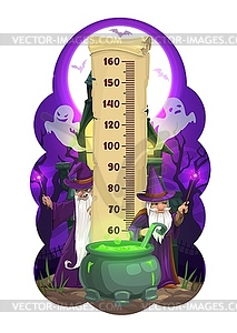 Halloween kids height chart, cartoon wizards - vector image