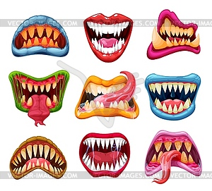 Monster jaws and mouths, cartoon teeth, tongues - vector image