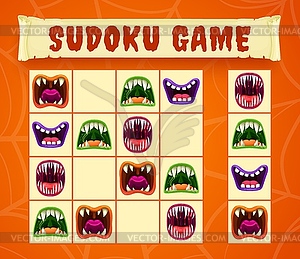 Halloween monster mouths of sudoku or puzzle game - vector image