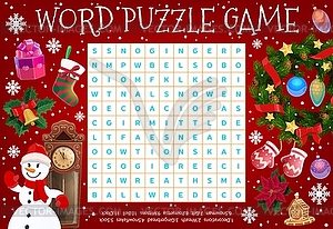 Merry Christmas word puzzle with holiday symbols - vector clip art