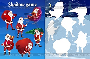 Kids Christmas shadow matching riddle with Santa - vector clipart