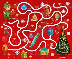 Детский лабиринт найти путь с рождественским подарком и сладостями - клипарт в векторе